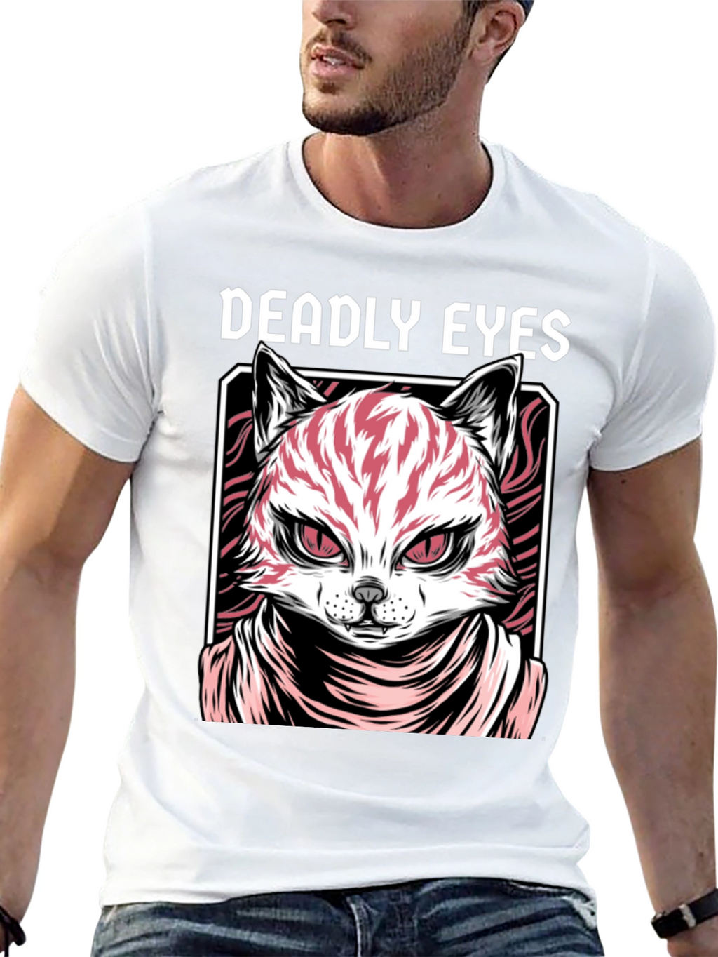 Deadly Eyes Cat Graphic Black T-Shirt