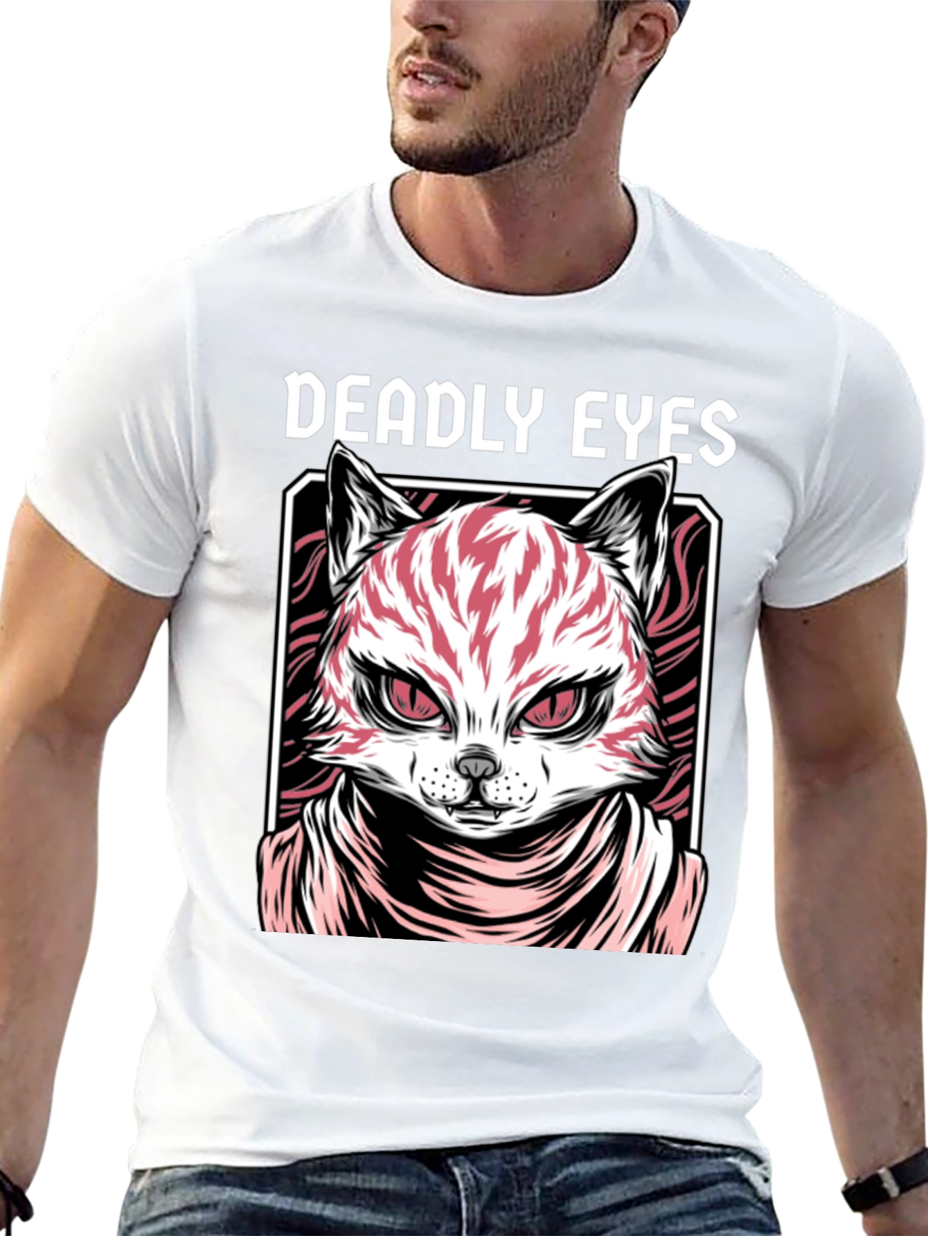 Deadly Eyes Cat Graphic Black T-Shirt