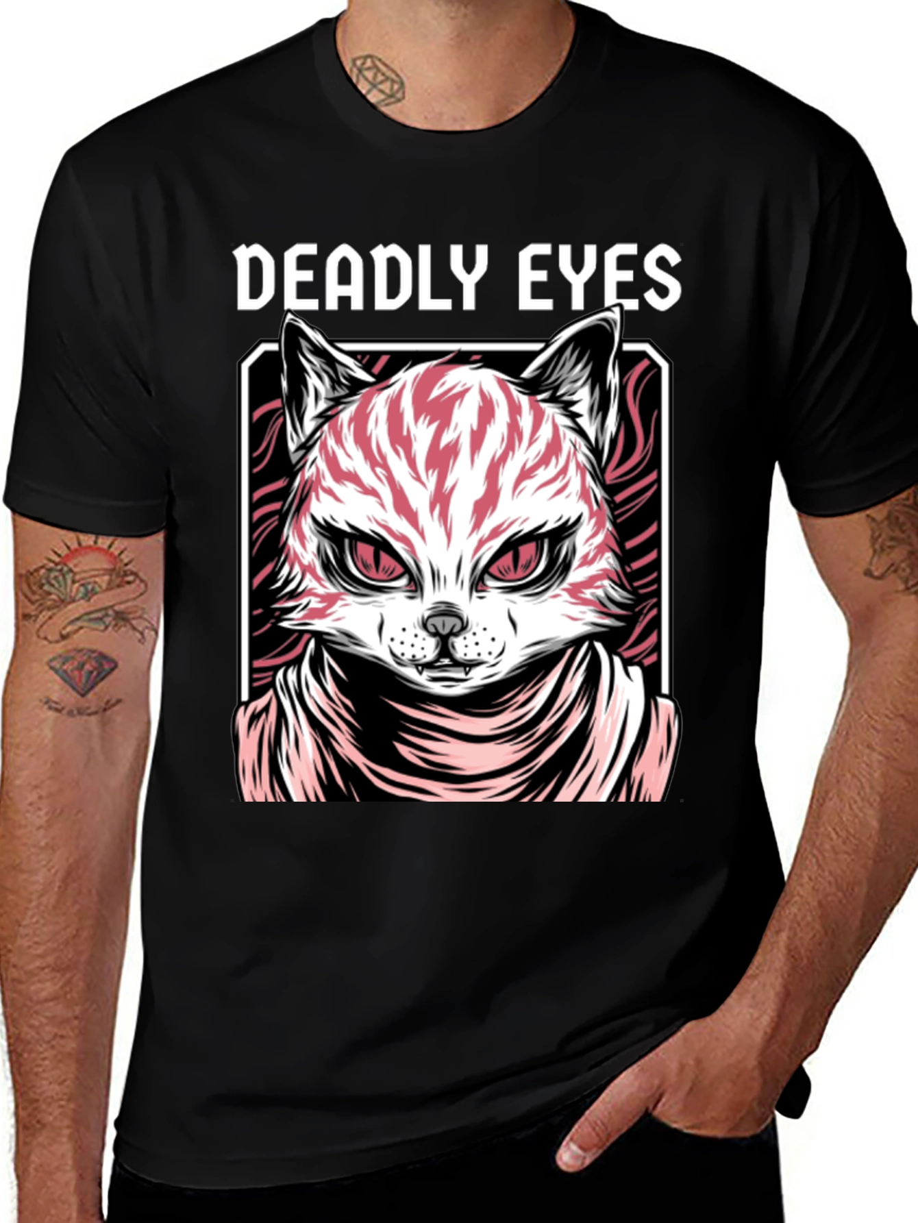 Deadly Eyes Cat Graphic Black T-Shirt