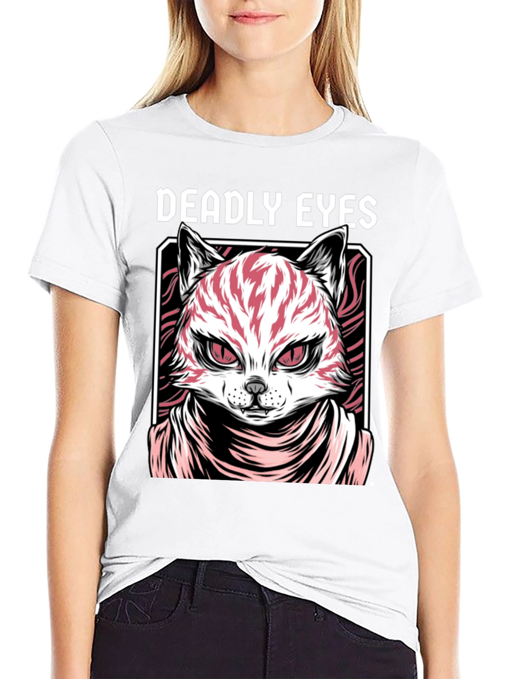 Deadly Eyes Cat Graphic Black T-Shirt