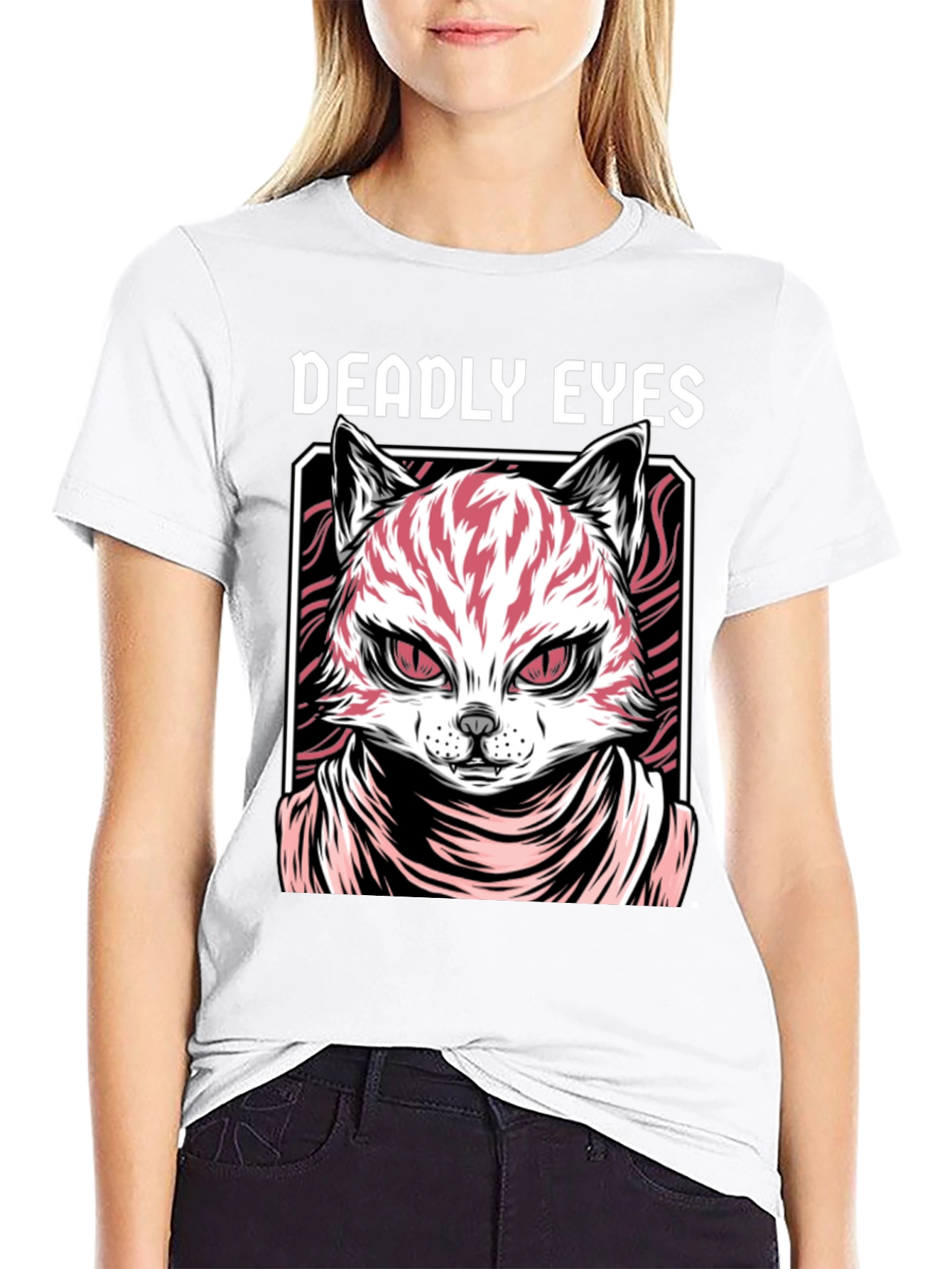Deadly Eyes Cat Graphic Black T-Shirt