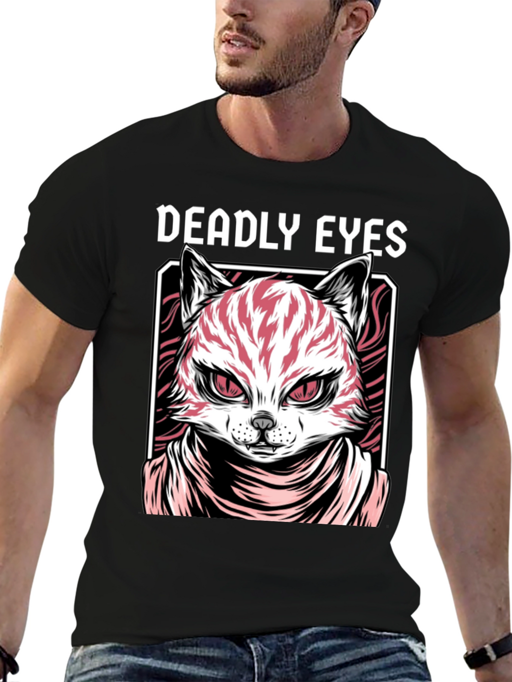 Deadly Eyes Cat Graphic Black T-Shirt