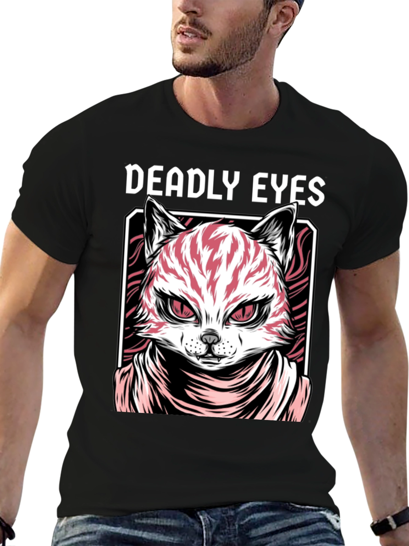 Deadly Eyes Cat Graphic Black T-Shirt