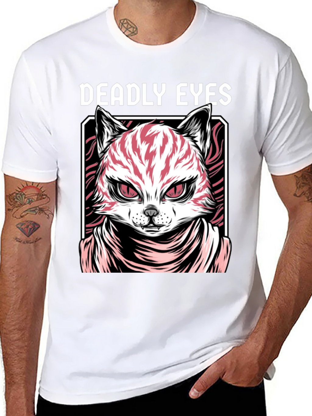 Deadly Eyes Cat Graphic Black T-Shirt