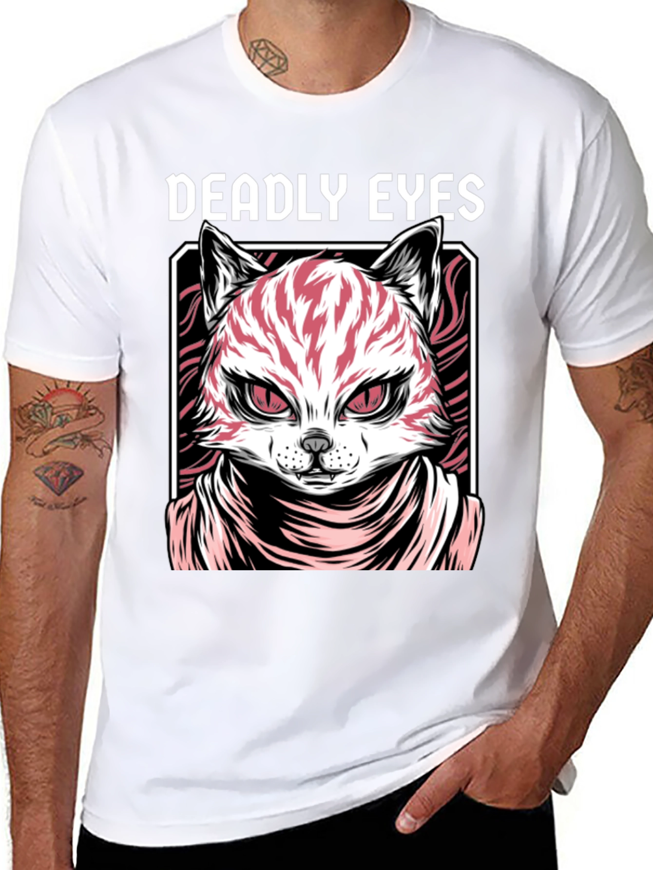 Deadly Eyes Cat Graphic Black T-Shirt