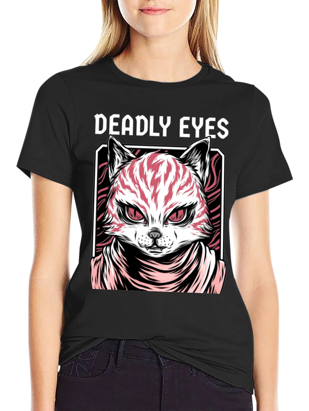 Deadly Eyes Cat Graphic Black T-Shirt
