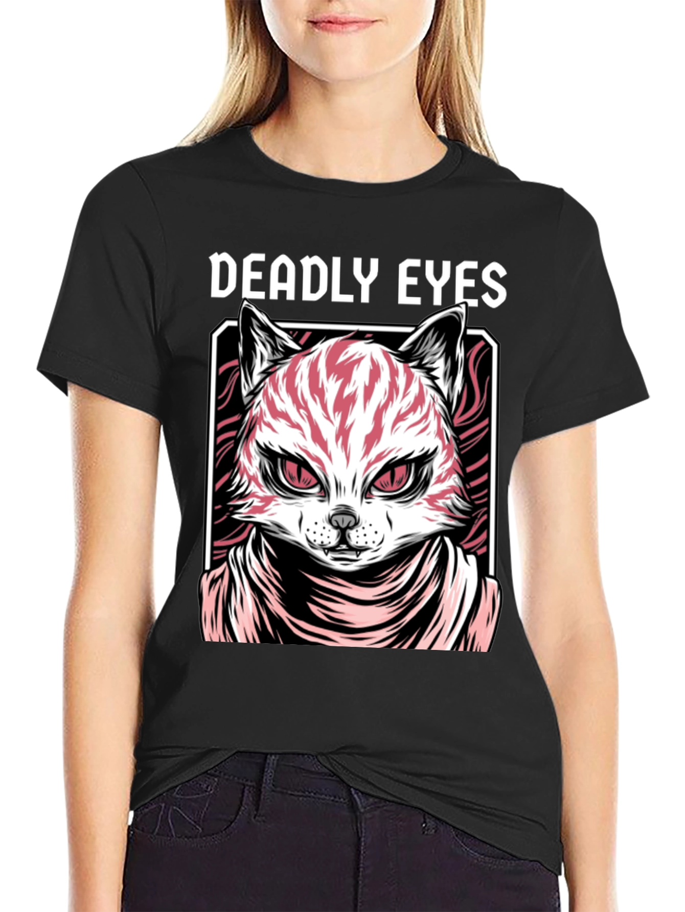 Deadly Eyes Cat Graphic Black T-Shirt