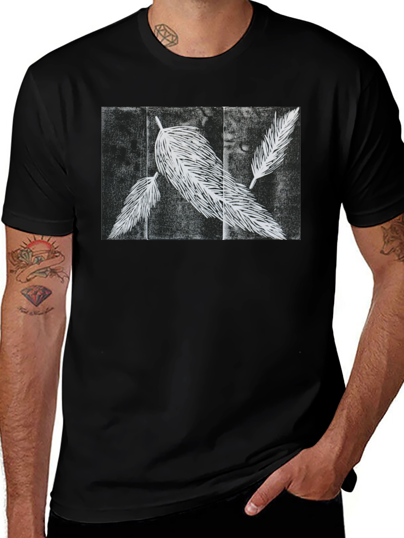 Feather Print Black T-Shirt