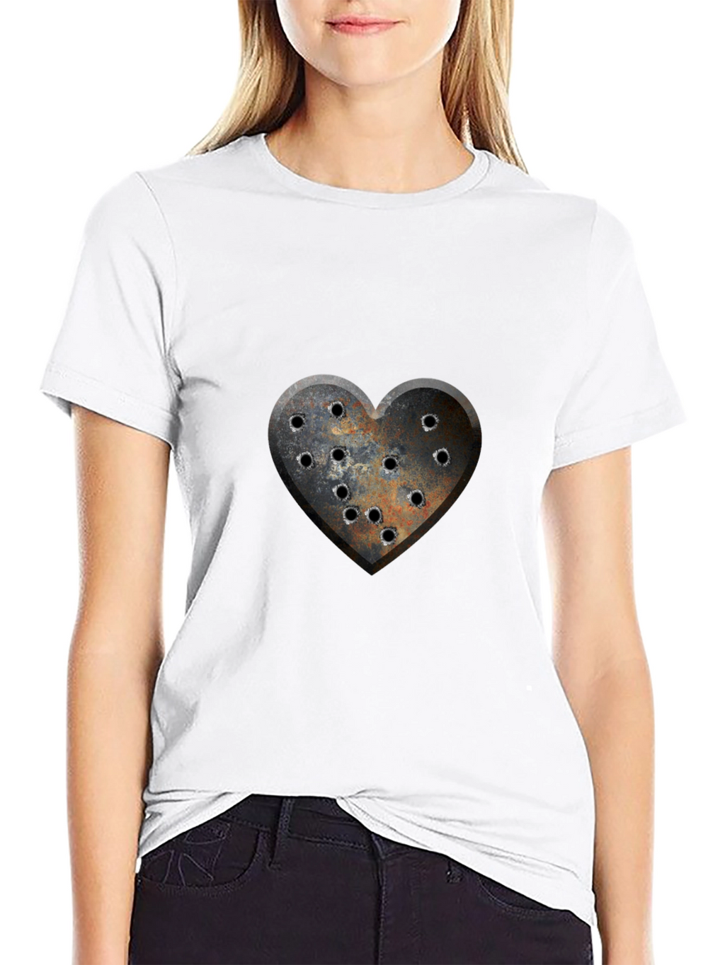 Distressed Heart Bullet Hole Graphic T-Shirt
