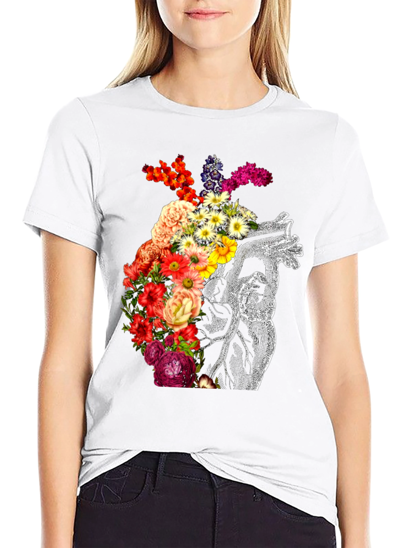 Floral Heart Graphic Black T-Shirt