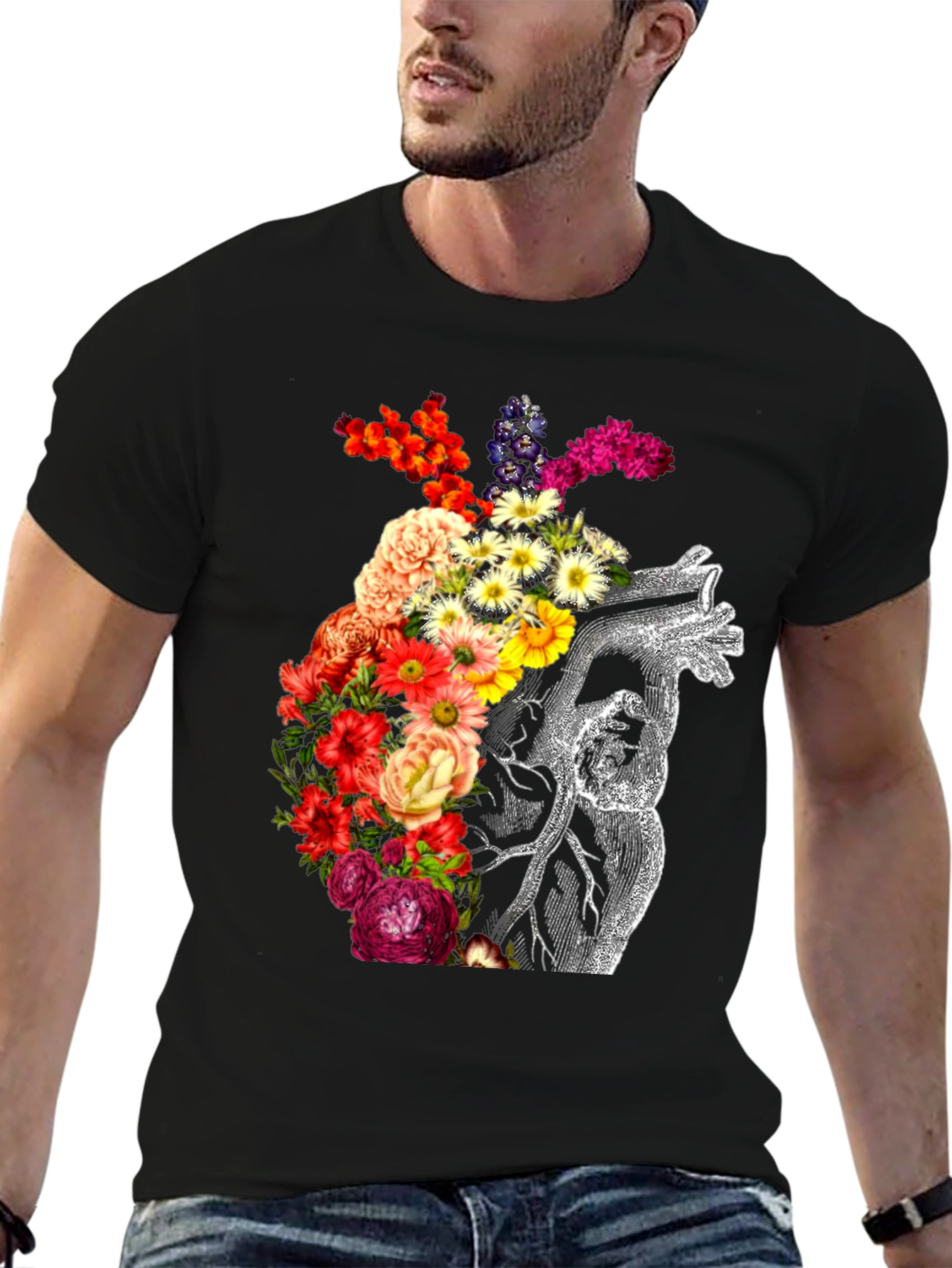 Floral Heart Graphic Black T-Shirt
