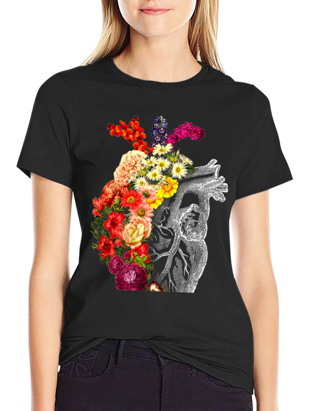 Floral Heart Graphic Black T-Shirt