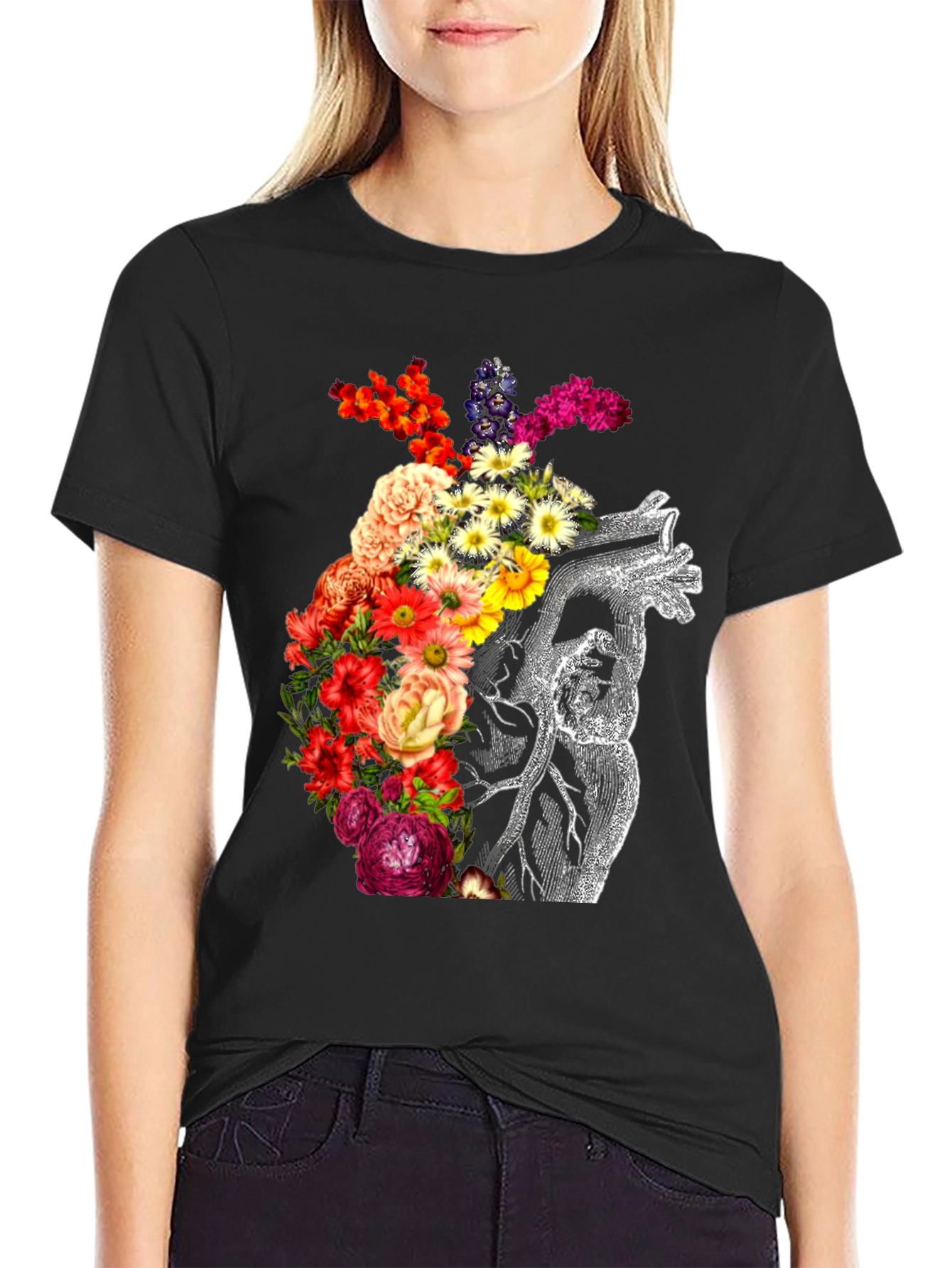 Floral Heart Graphic Black T-Shirt