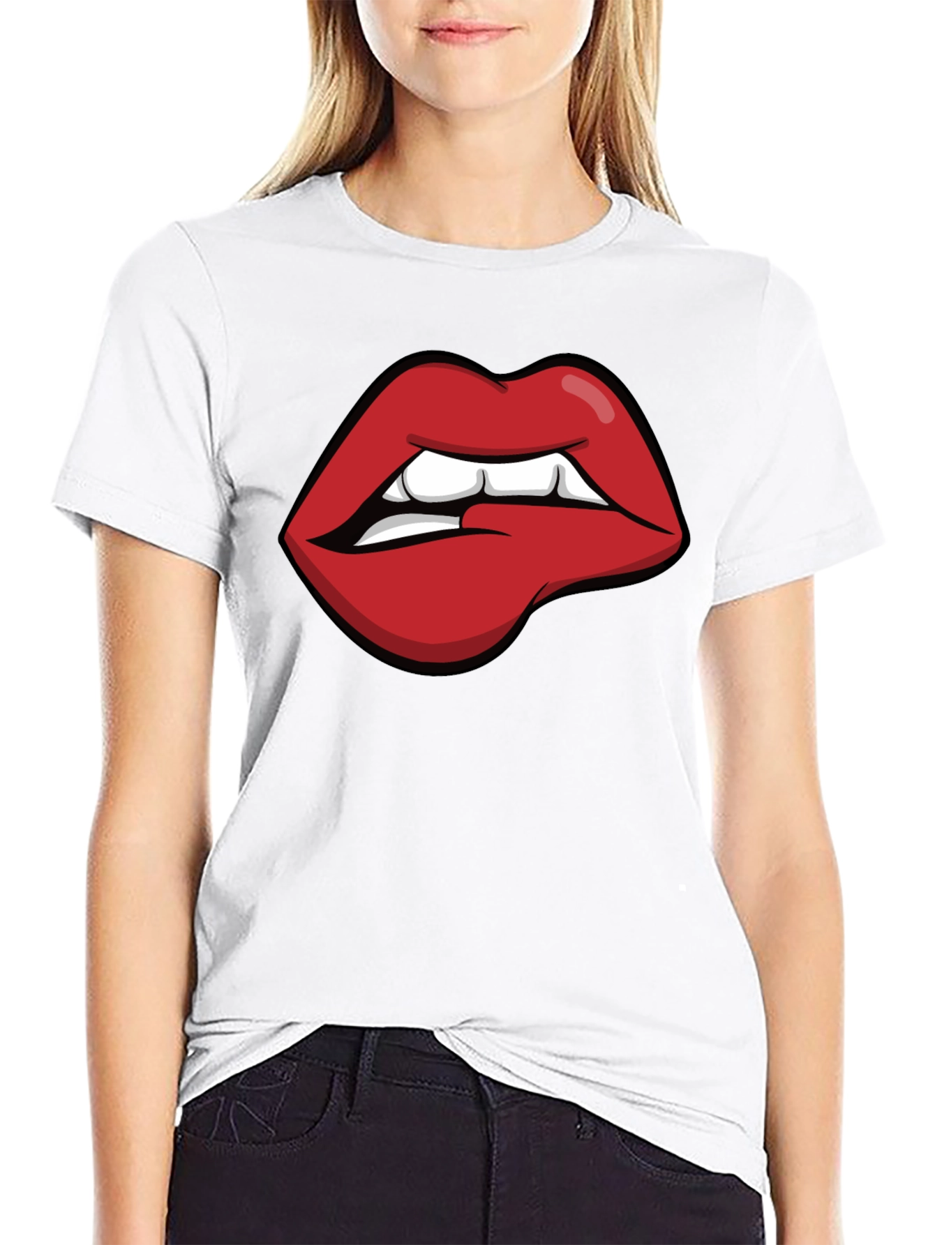 Biting Lips Graphic Tee - Black Cotton Casual Shirt
