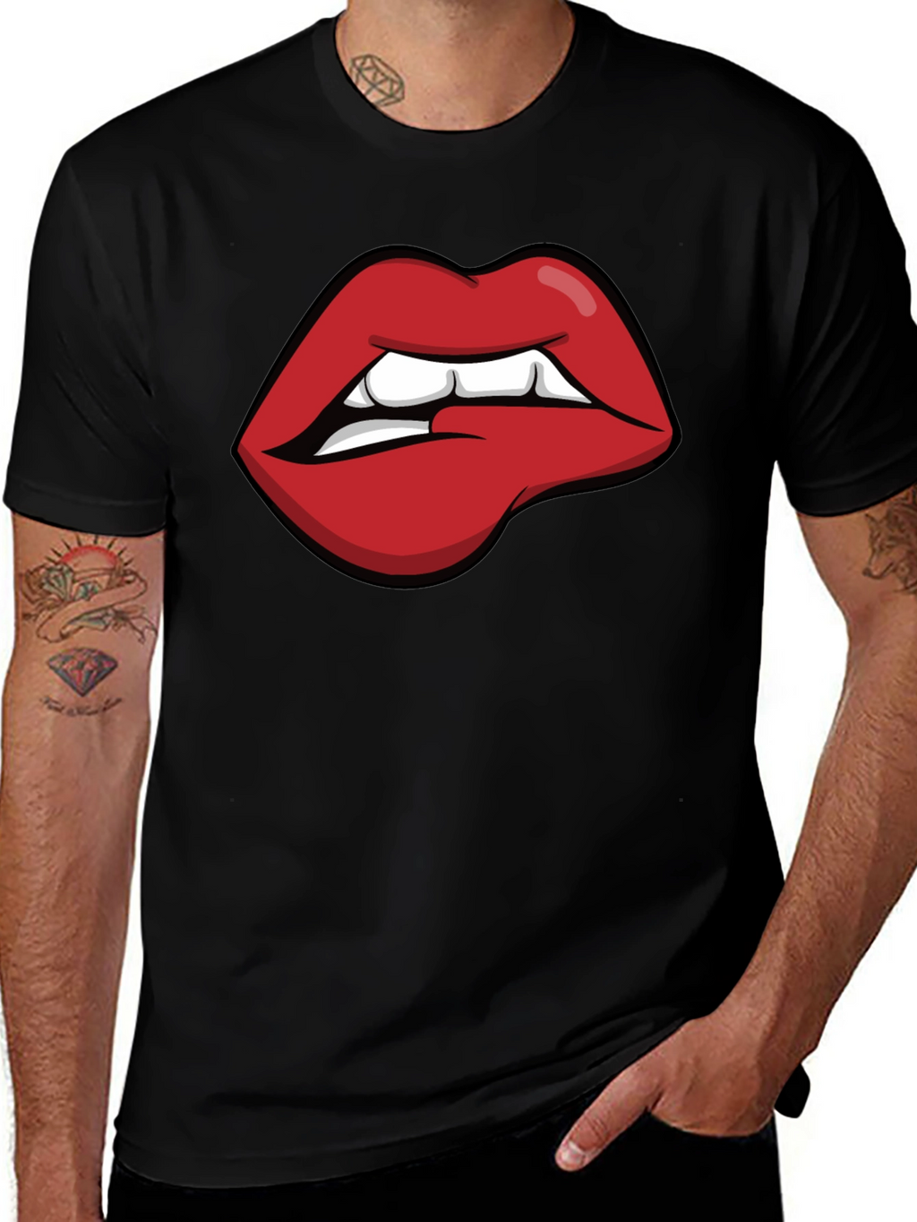 Biting Lips Graphic Tee - Black Cotton Casual Shirt