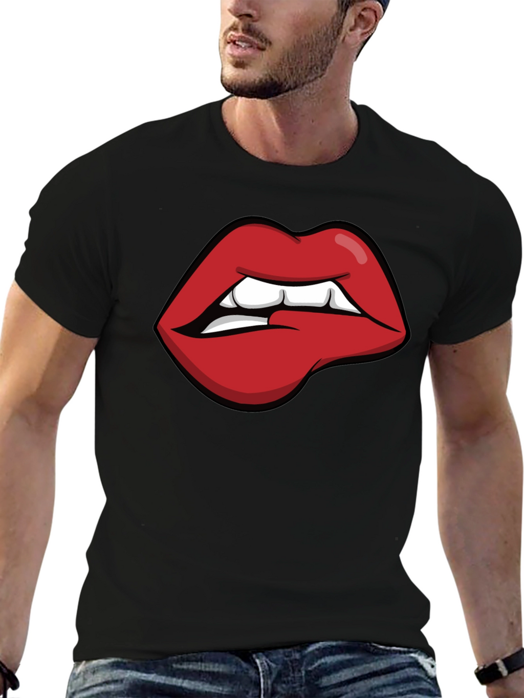 Biting Lips Graphic Tee - Black Cotton Casual Shirt