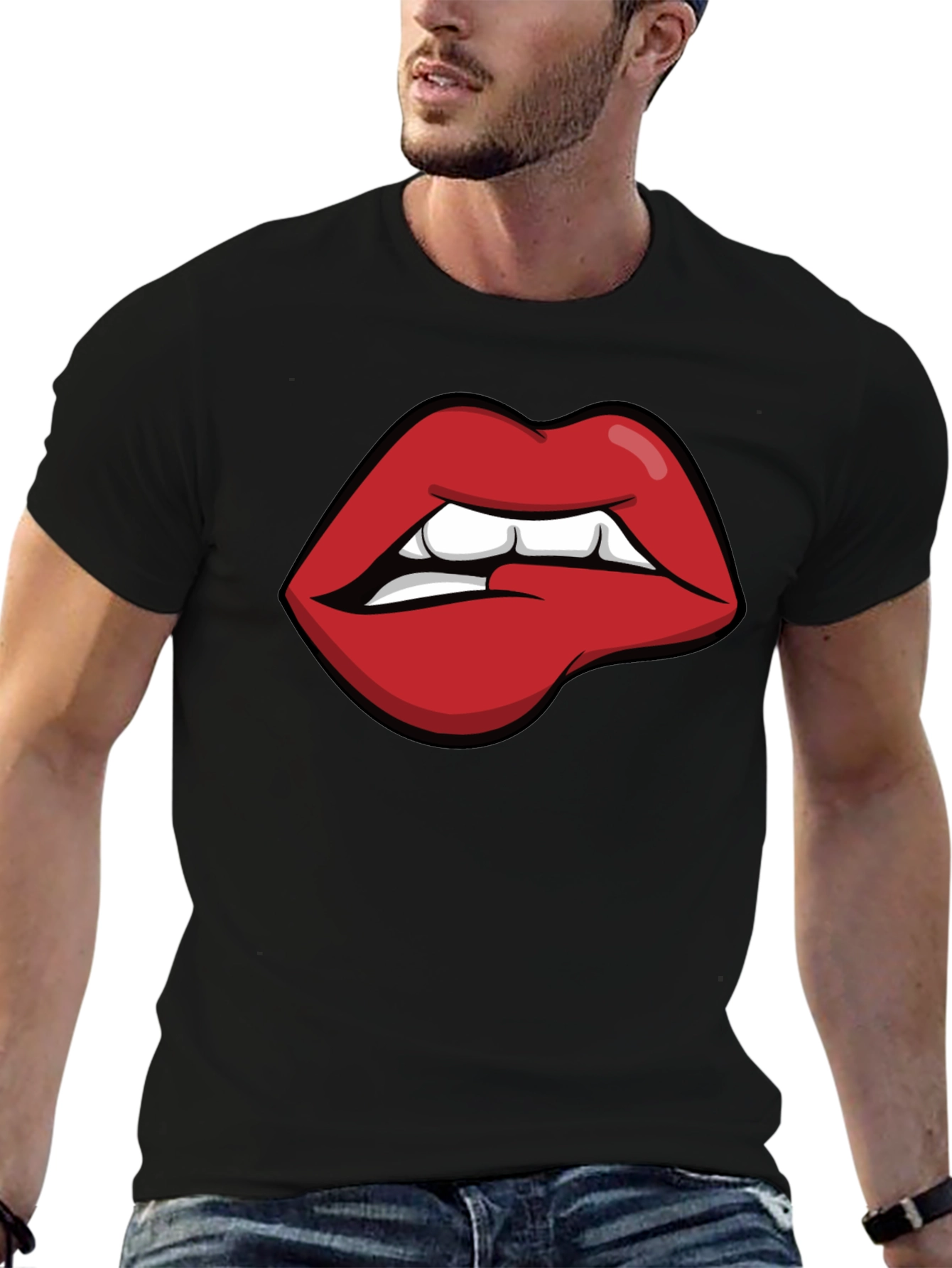 Biting Lips Graphic Tee - Black Cotton Casual Shirt