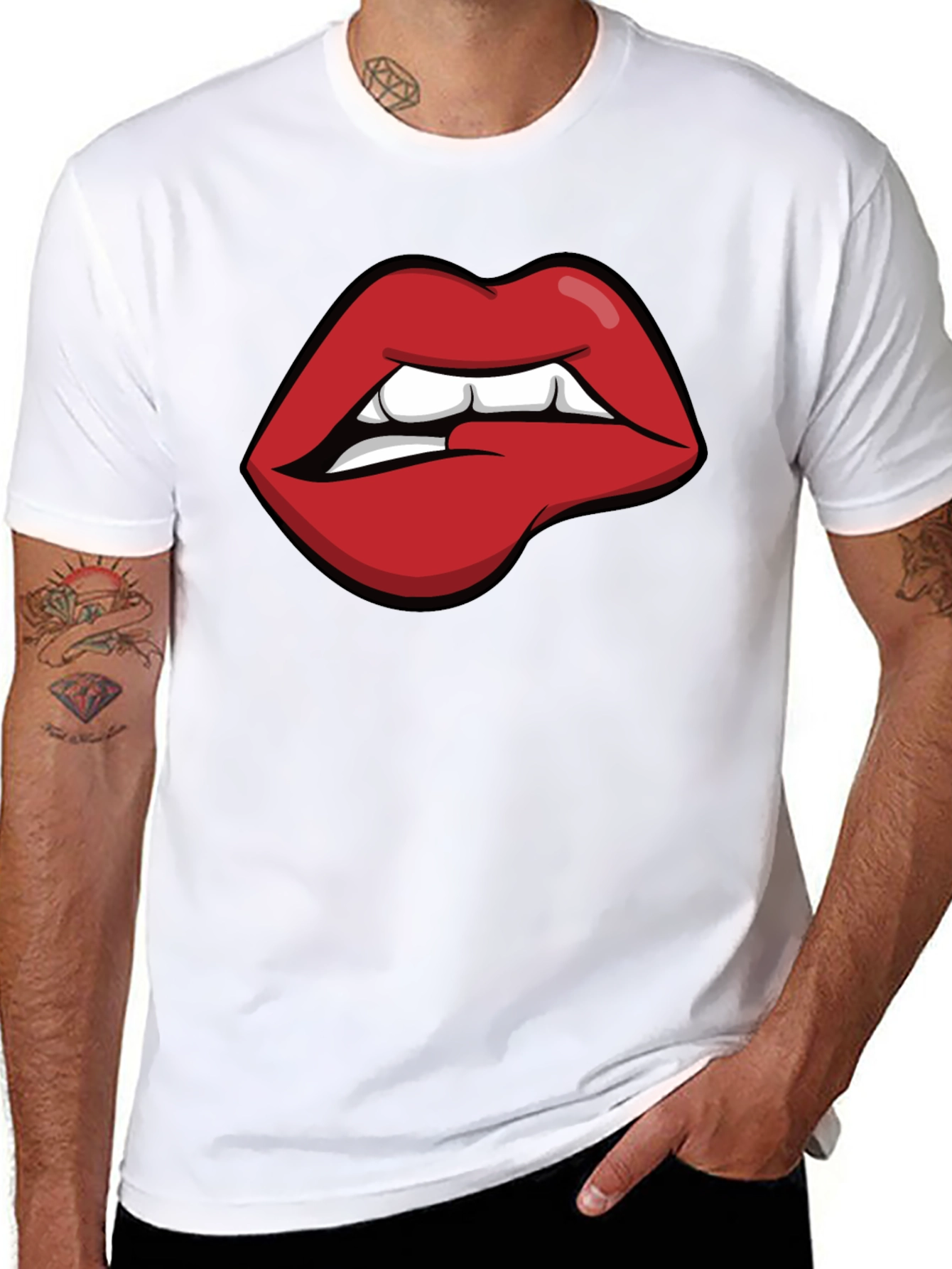 Biting Lips Graphic Tee - Black Cotton Casual Shirt