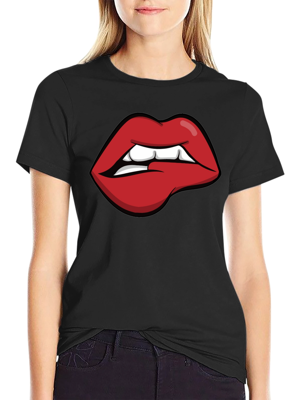 Biting Lips Graphic Tee - Black Cotton Casual Shirt