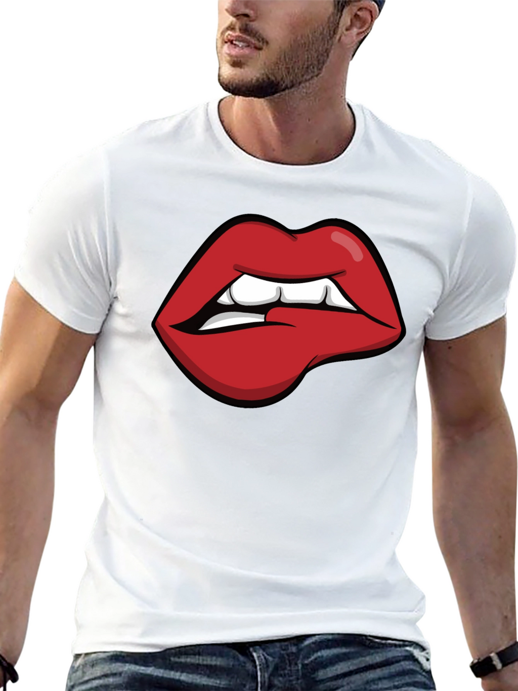 Biting Lips Graphic Tee - Black Cotton Casual Shirt