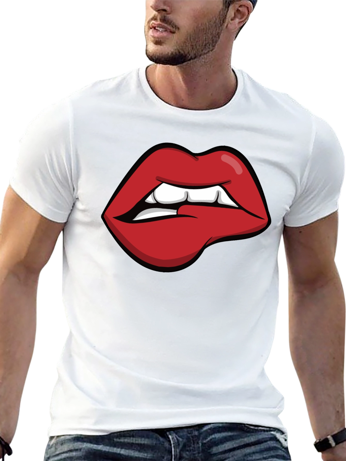 Biting Lips Graphic Tee - Black Cotton Casual Shirt