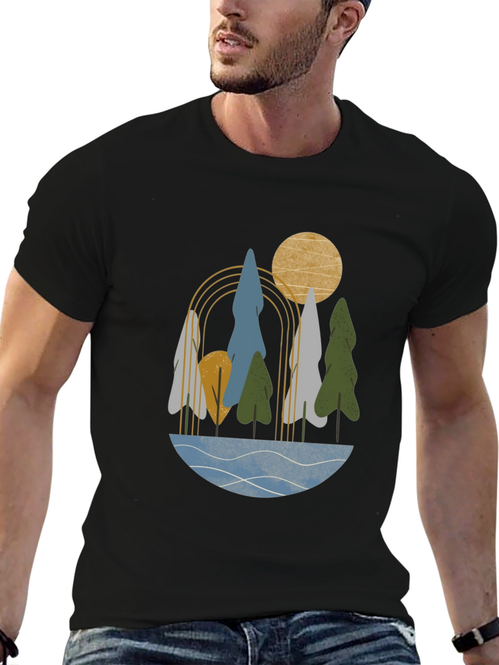 Abstract Landscape Print Black T-Shirt