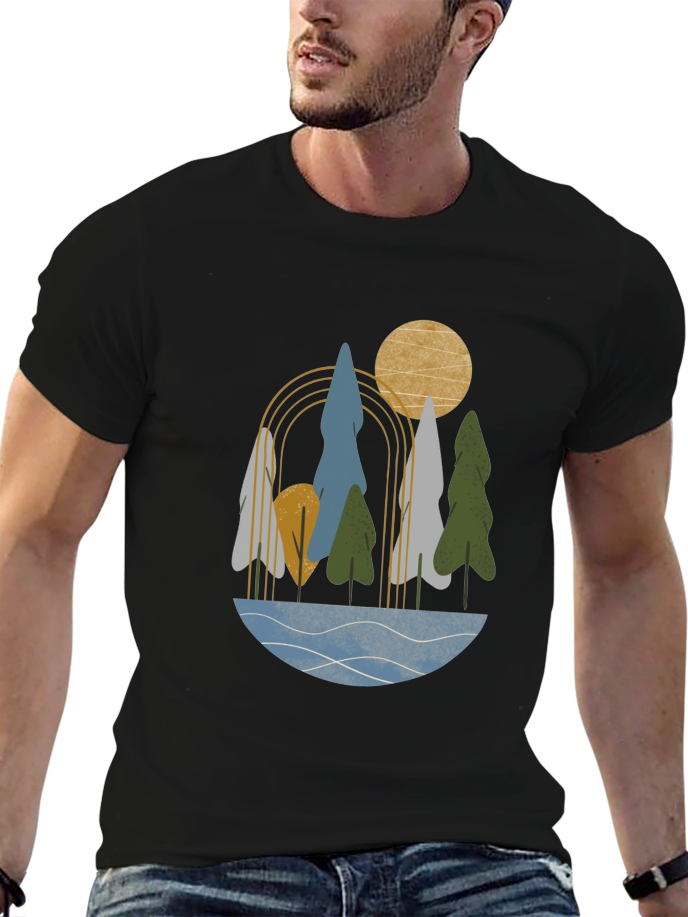 Abstract Landscape Print Black T-Shirt