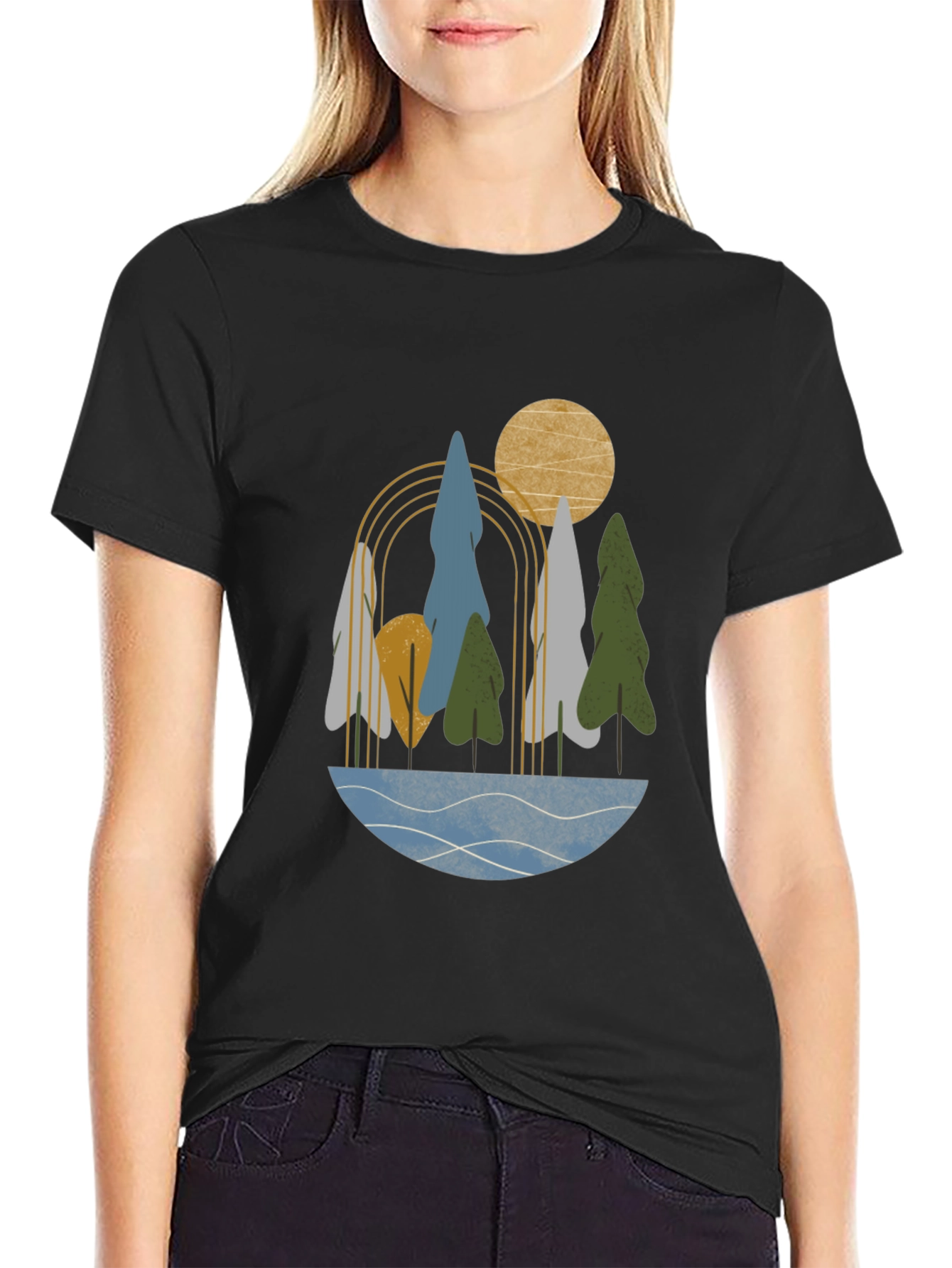 Abstract Landscape Print Black T-Shirt