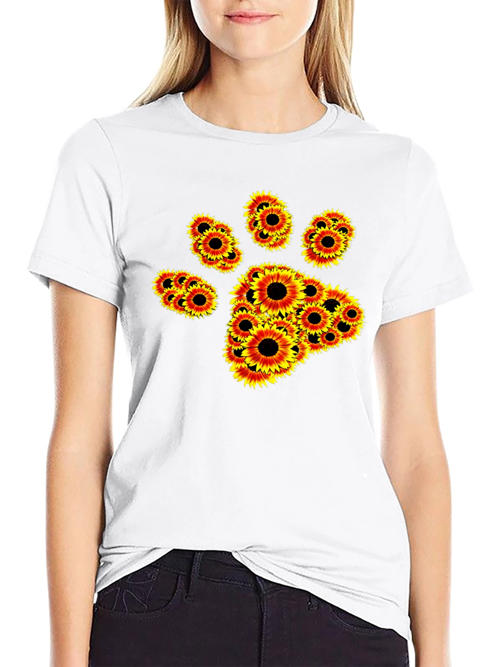Sunflower Paw Print Black T-Shirt