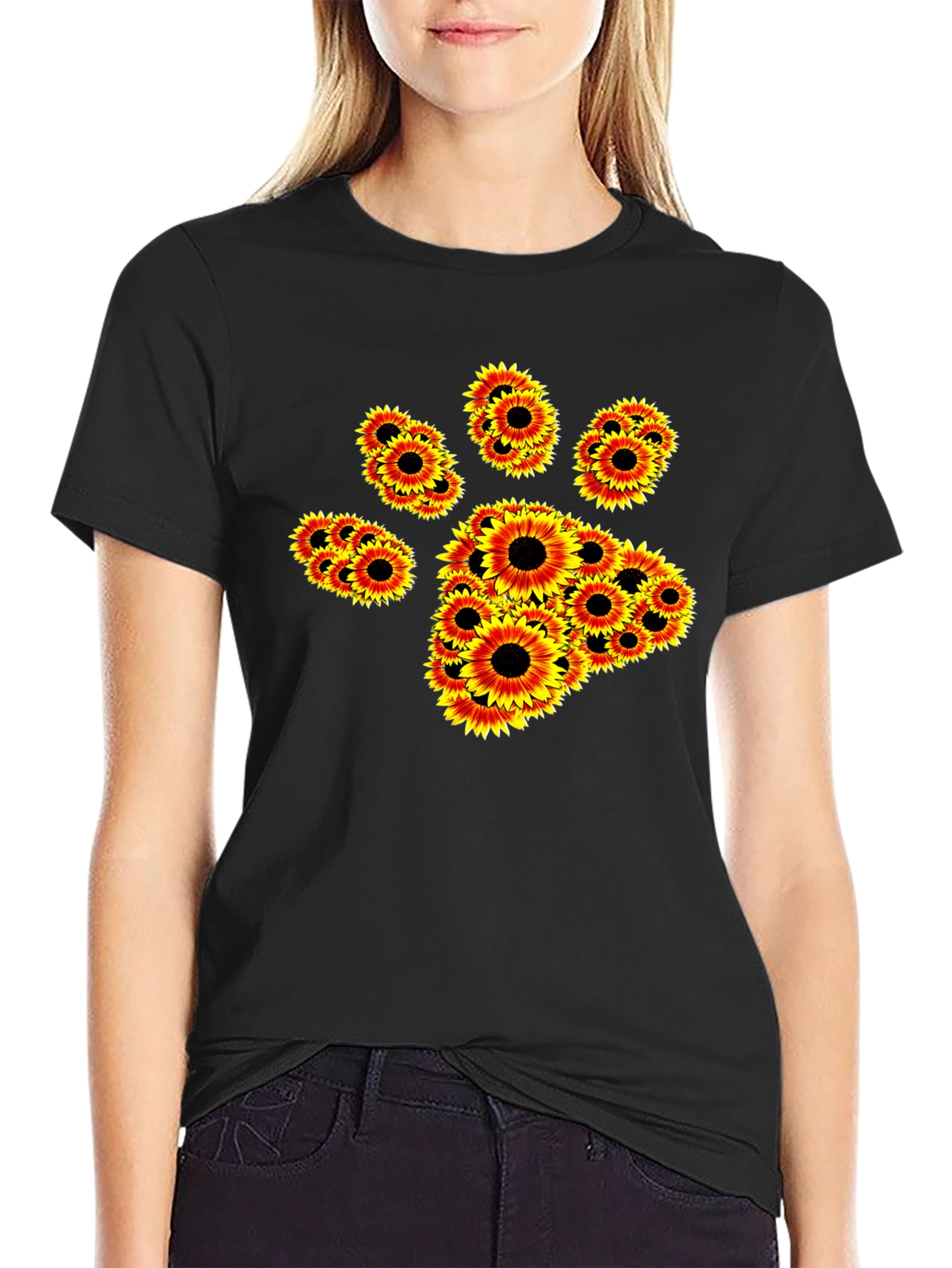 Sunflower Paw Print Black T-Shirt