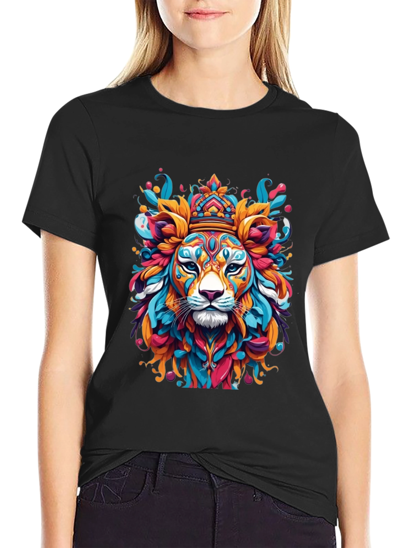 King Lion Colorful Graphic Print Black T-Shirt