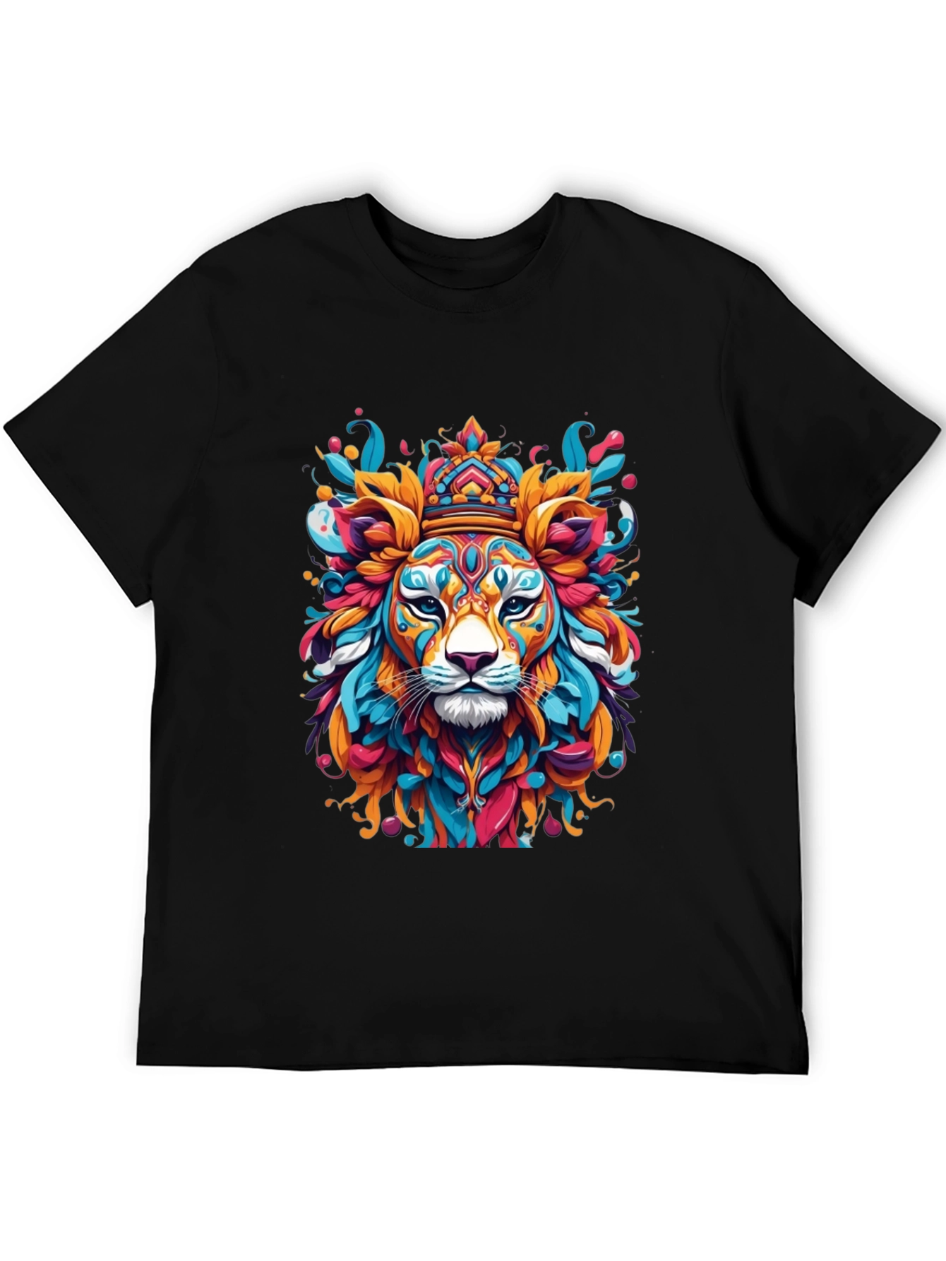 King Lion Colorful Graphic Print Black T-Shirt