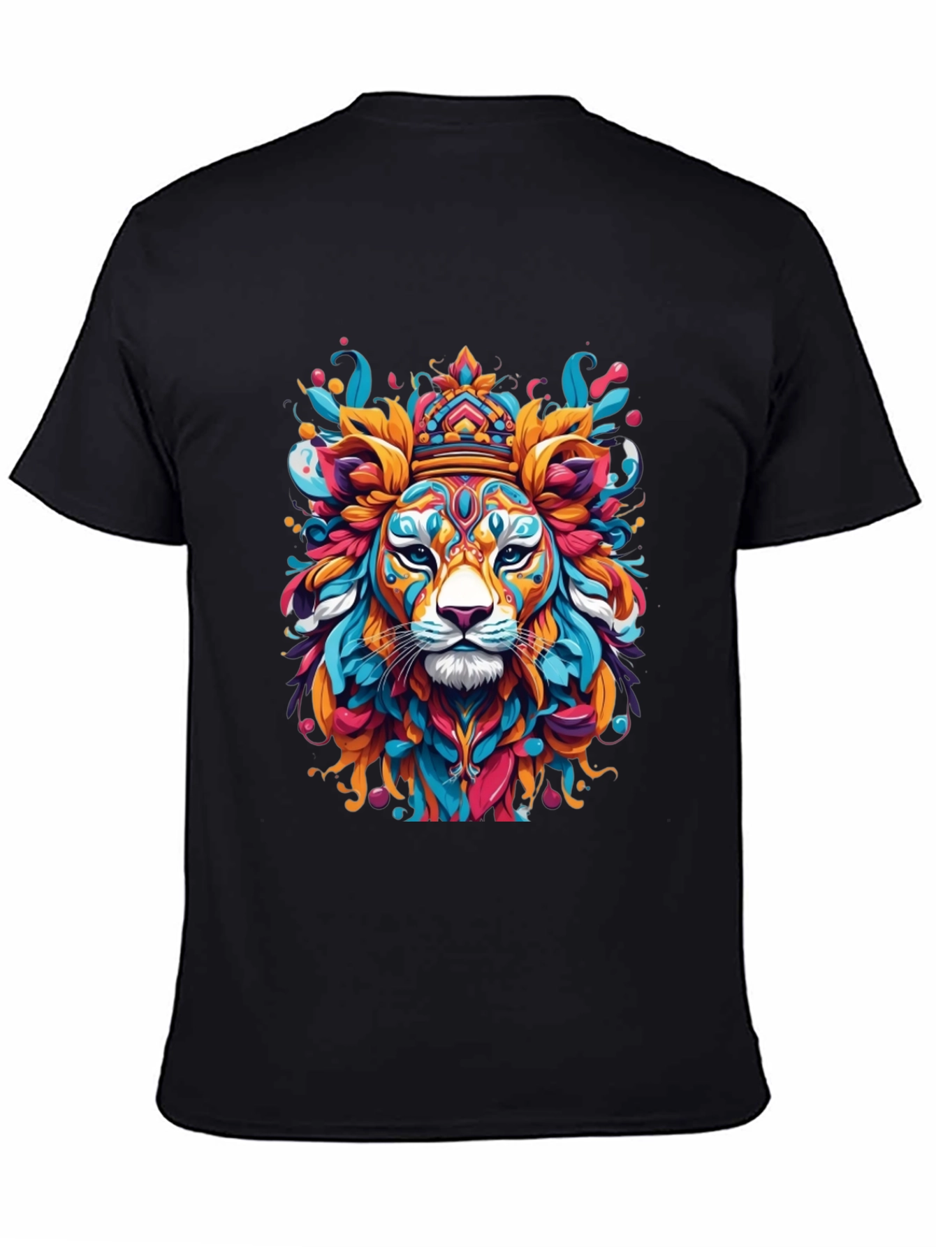 King Lion Colorful Graphic Print Black T-Shirt