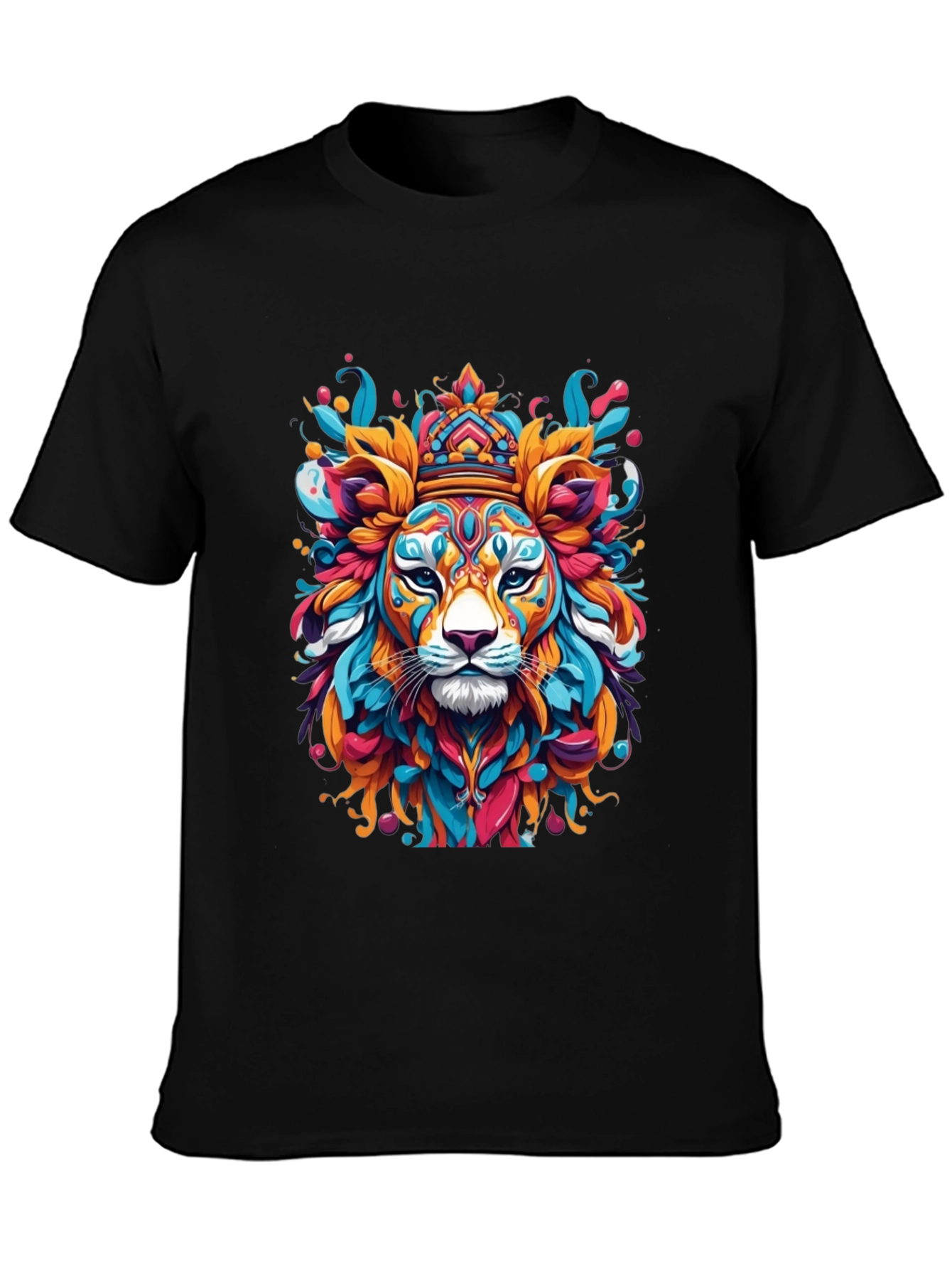 King Lion Colorful Graphic Print Black T-Shirt