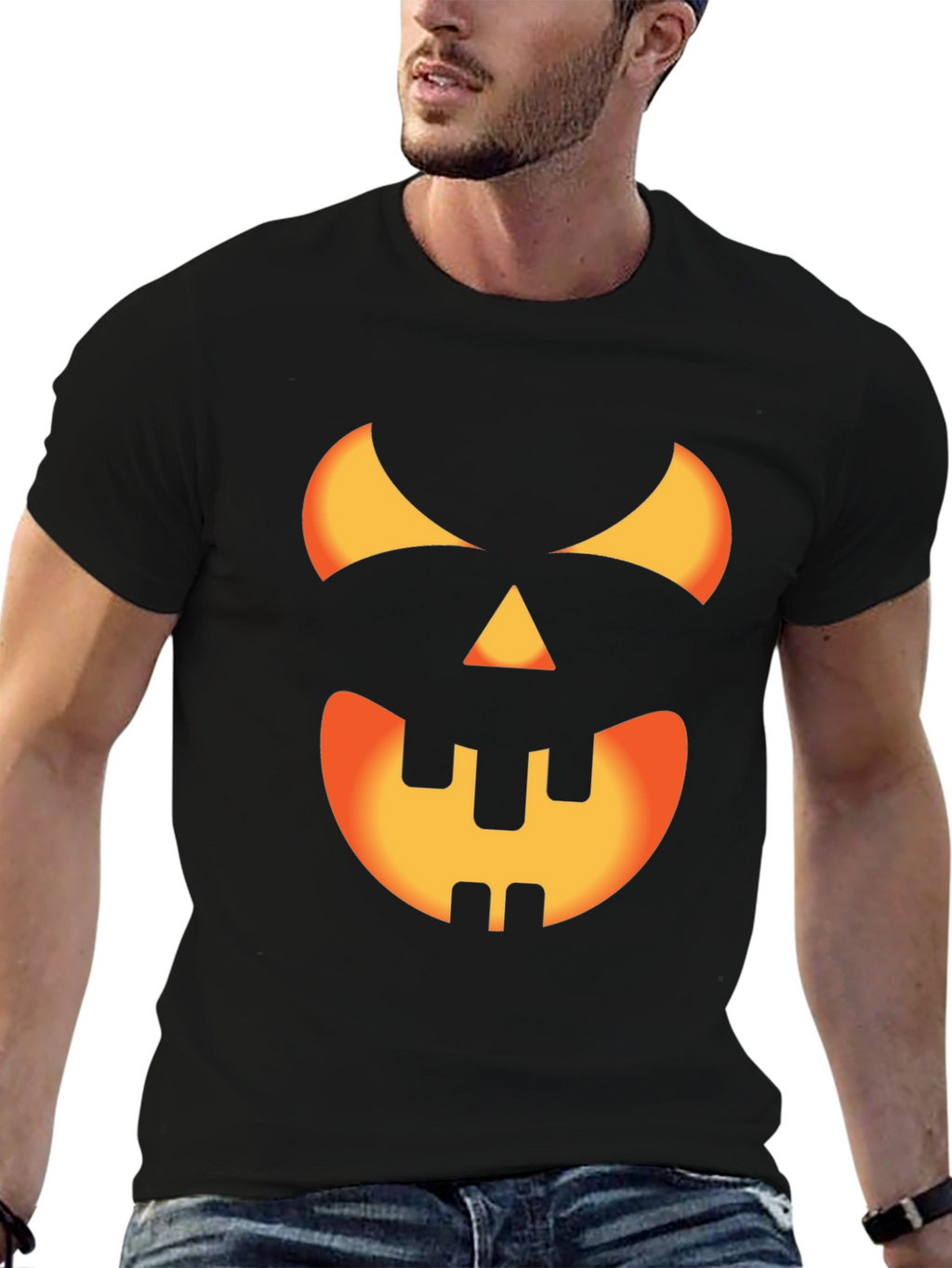 Halloween Pumpkin Face Graphic Tee - Black Cotton T-Shirt
