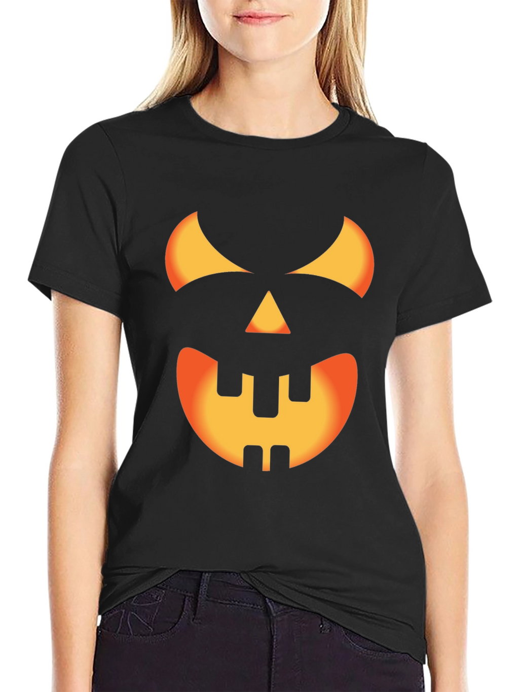 Halloween Pumpkin Face Graphic Tee - Black Cotton T-Shirt