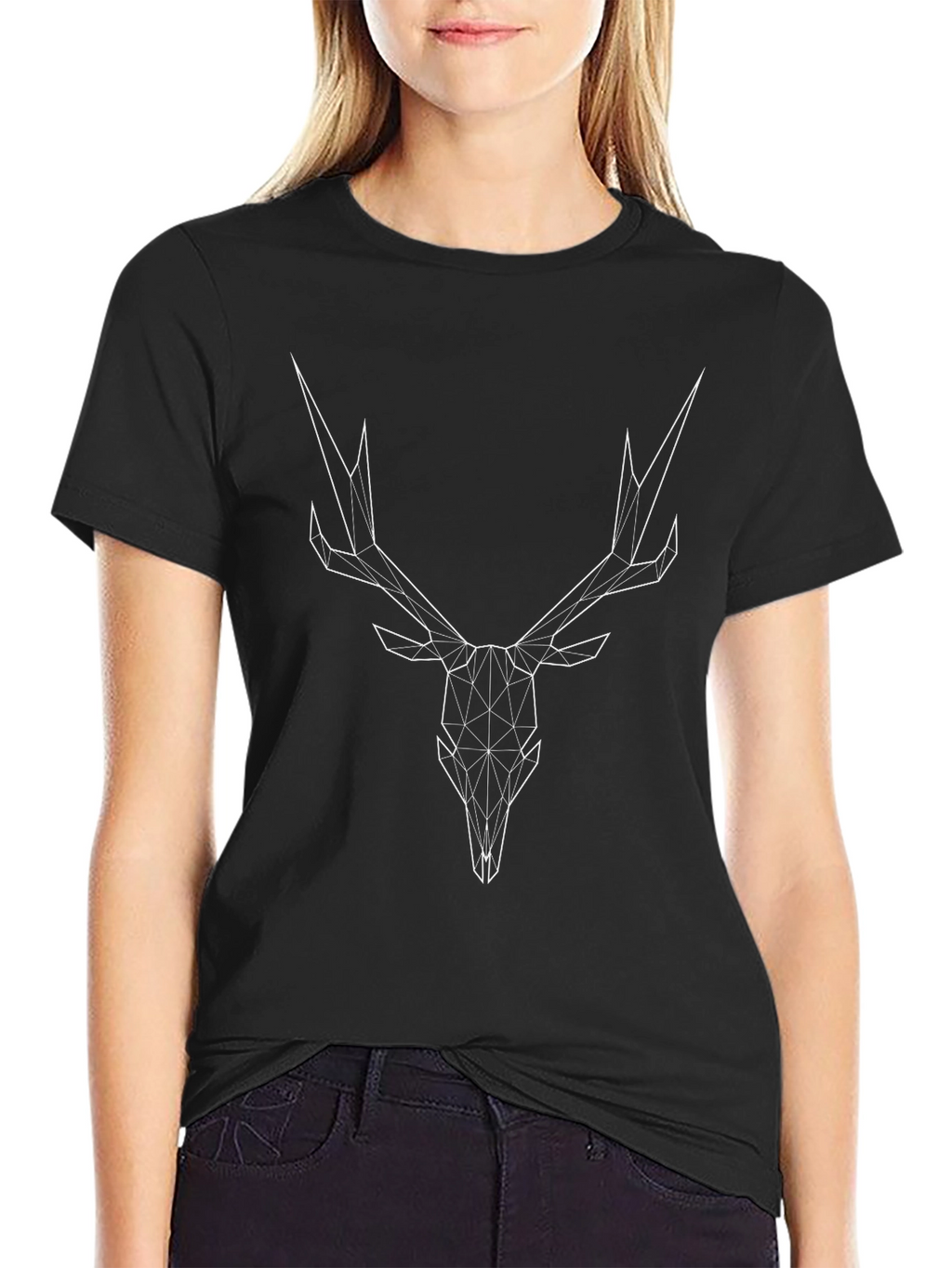 Geometric Deer Skull Graphic Tee - Black