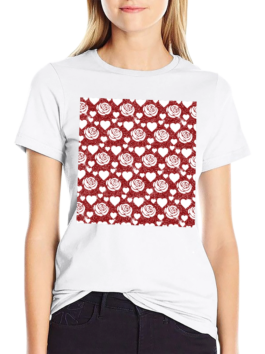 Romantic Rose & Heart Pattern Tee