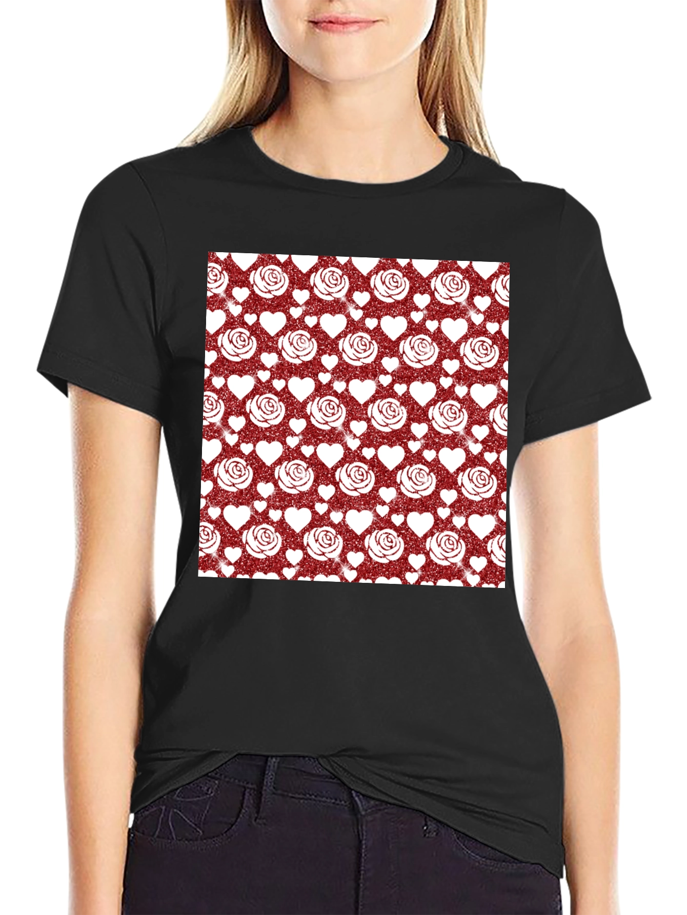 Romantic Rose & Heart Pattern Tee
