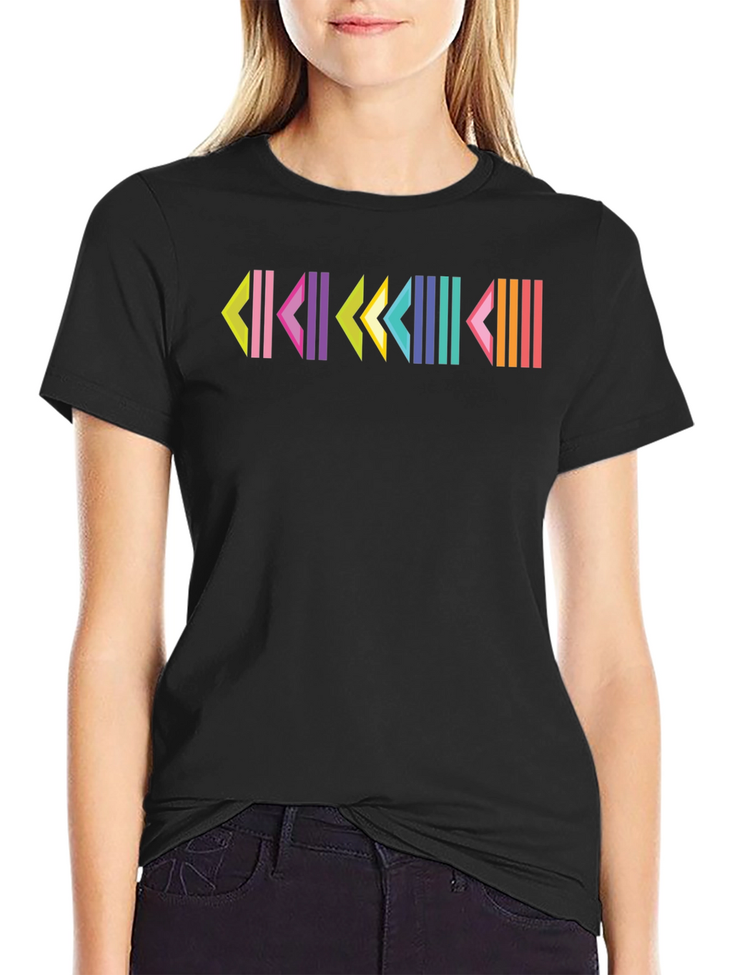 Retro Geometric Patterned Black T-Shirt