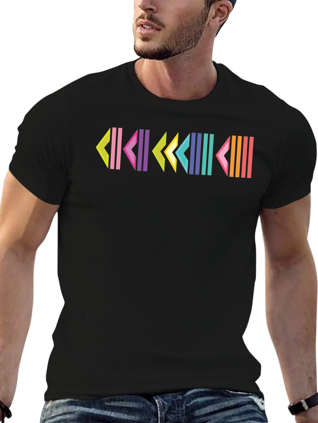 Retro Geometric Patterned Black T-Shirt