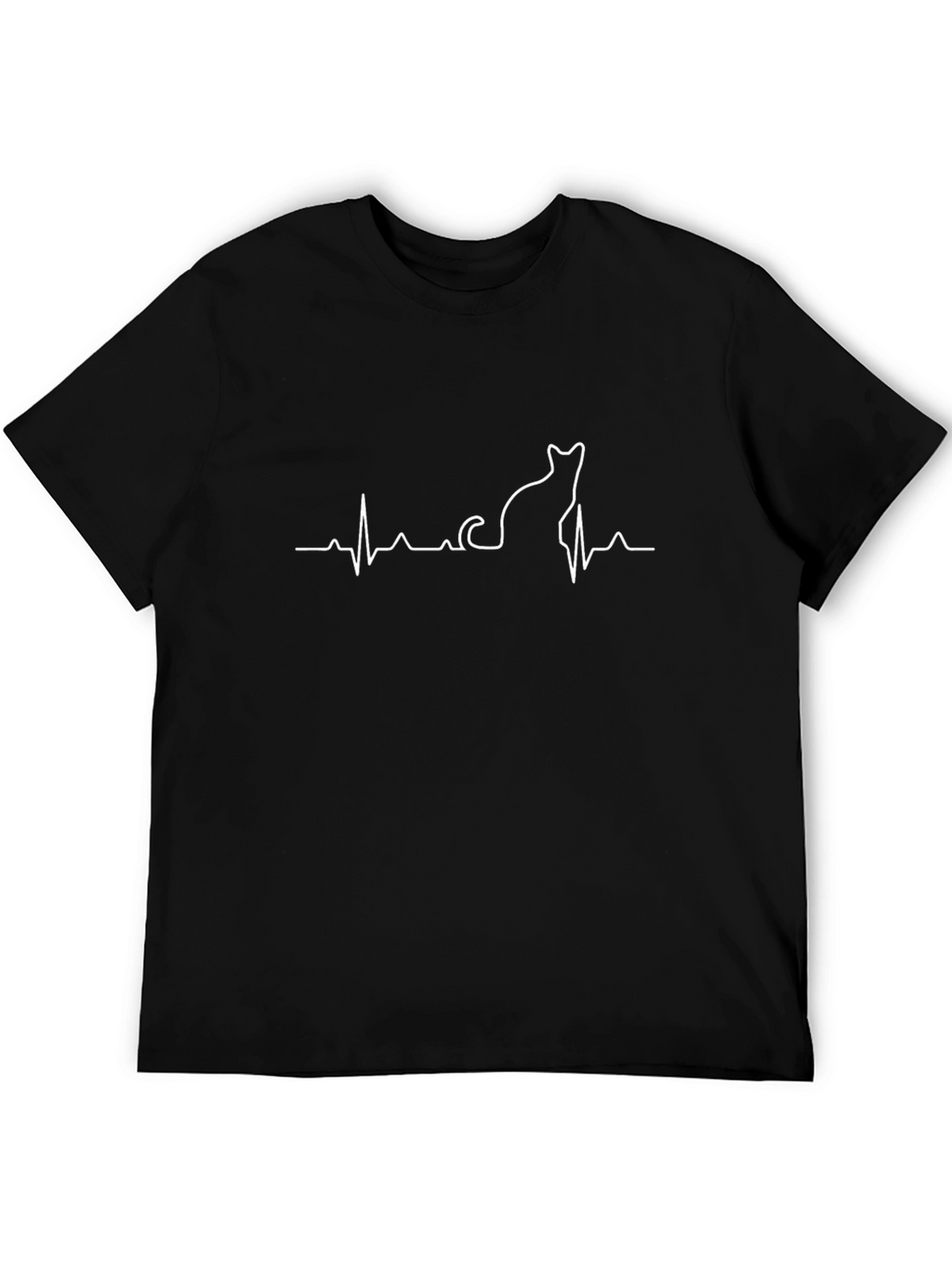 Cat Heartbeat Line Art Black T-Shirt