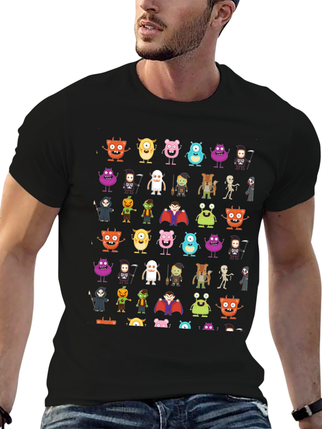 Monster Cartoon Graphic Print Black T-Shirt