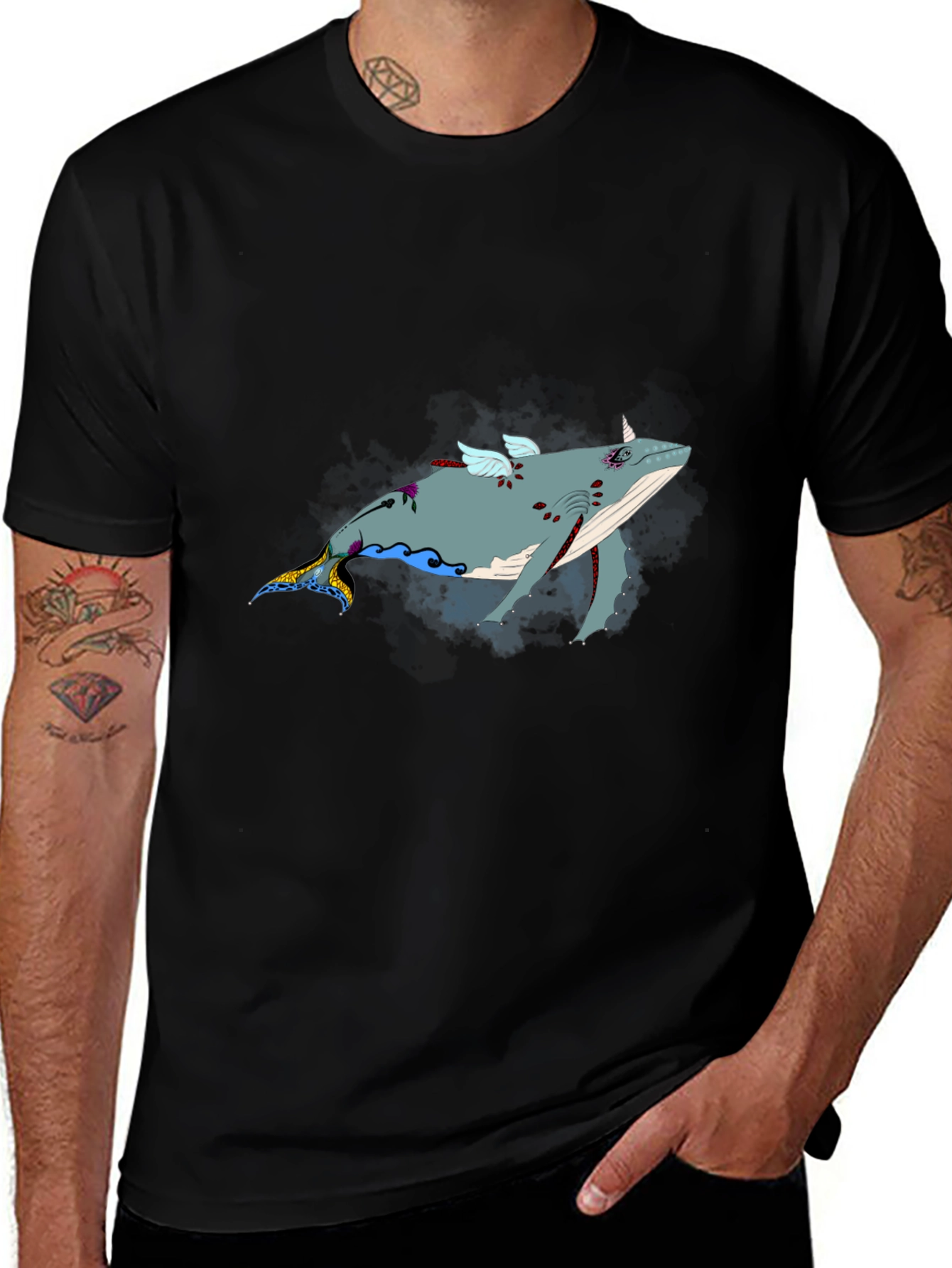 Whimsical Flying Whale Graphic Tee - Black