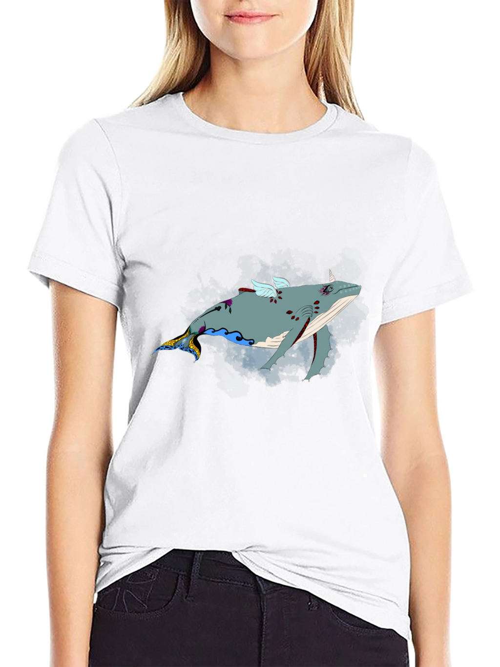 Whimsical Flying Whale Graphic Tee - Black