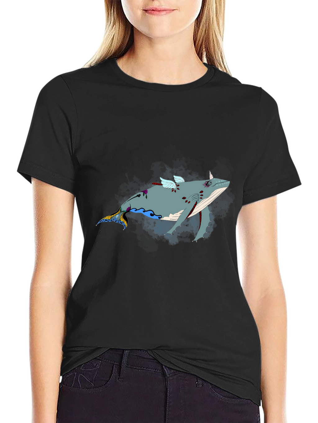 Whimsical Flying Whale Graphic Tee - Black