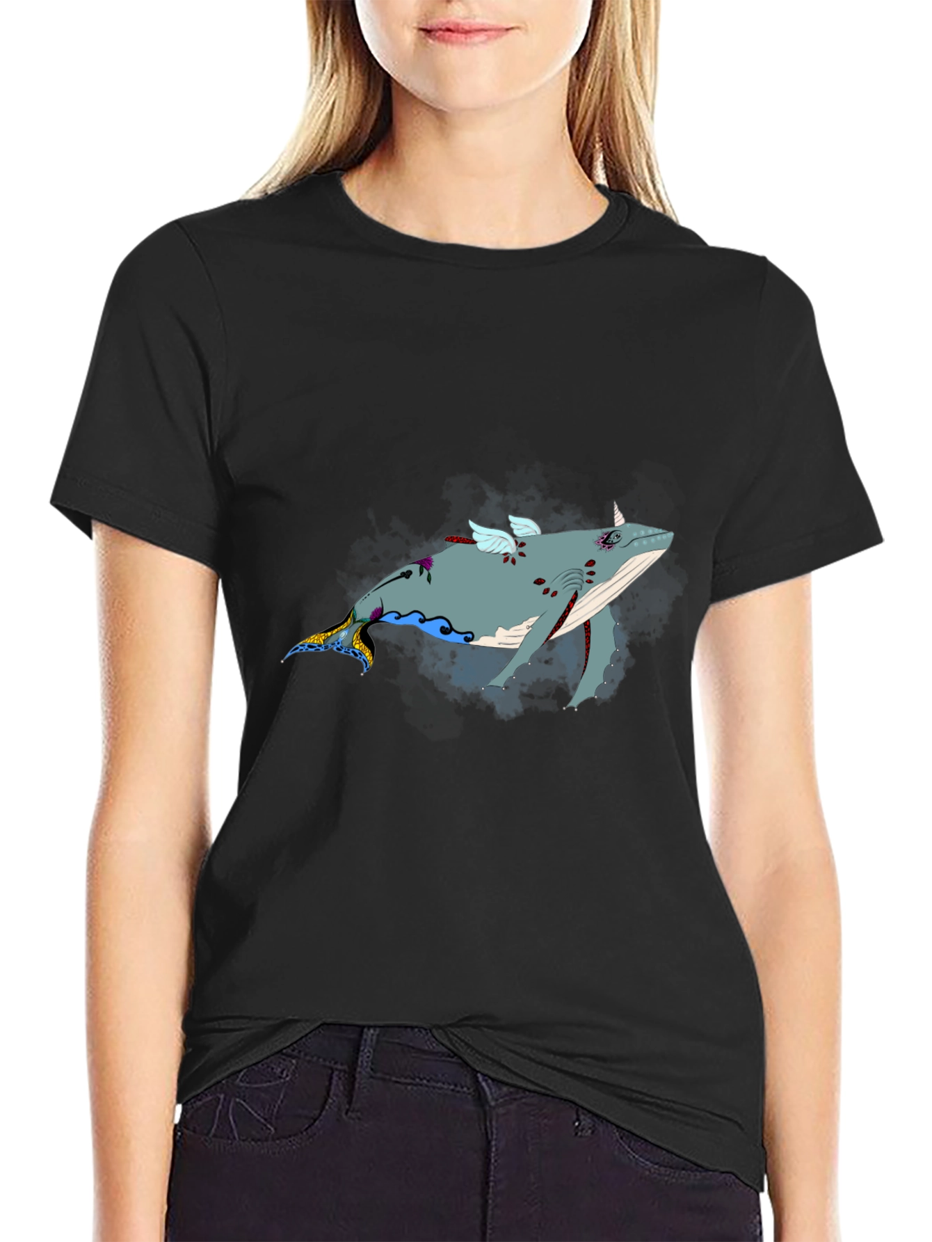 Whimsical Flying Whale Graphic Tee - Black