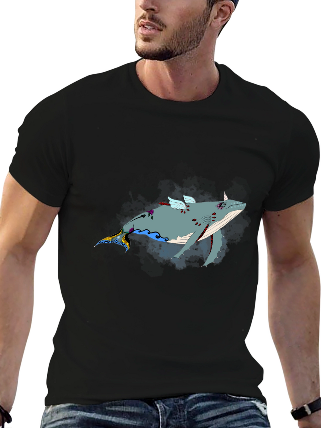 Whimsical Flying Whale Graphic Tee - Black