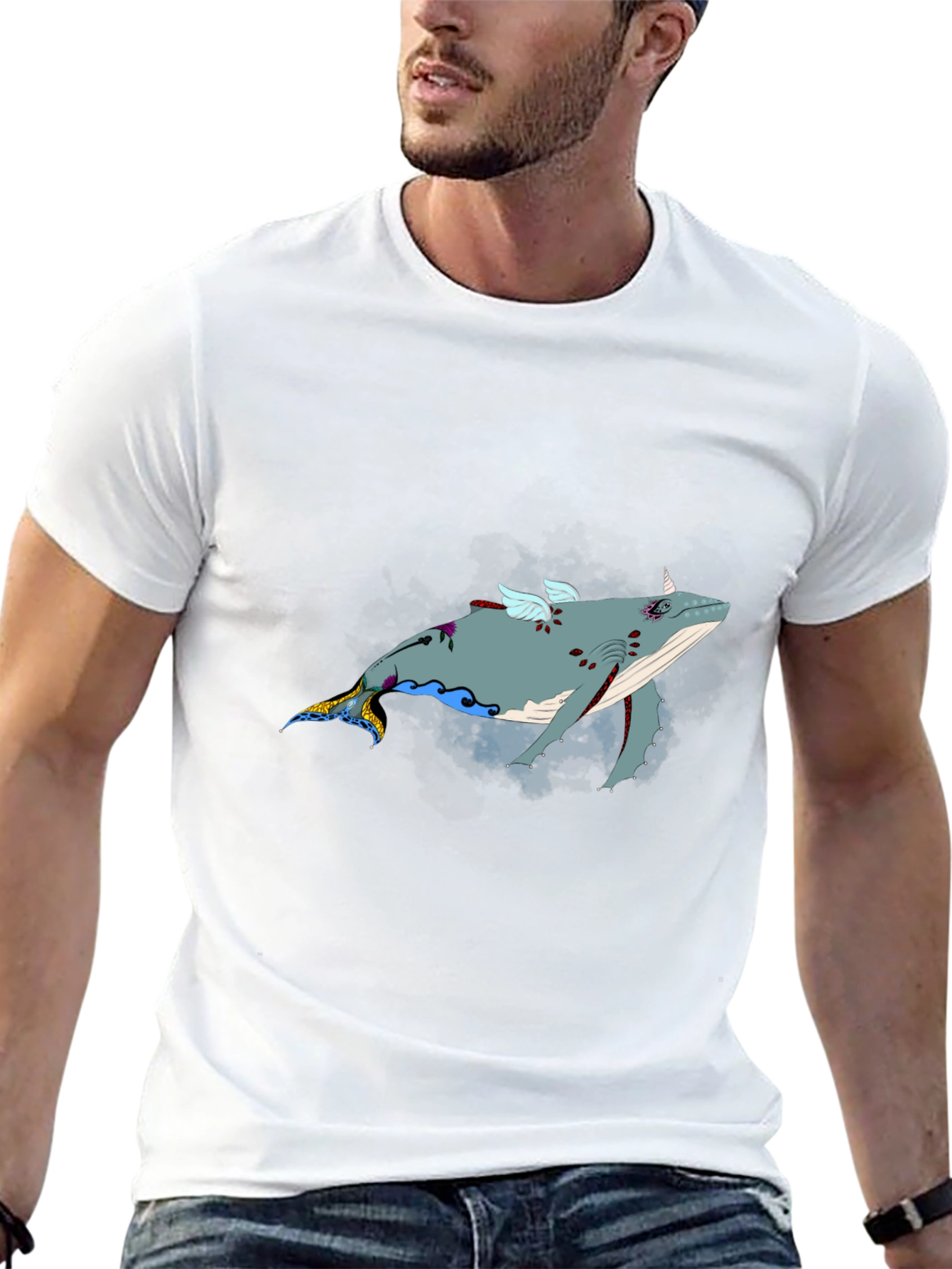 Whimsical Flying Whale Graphic Tee - Black
