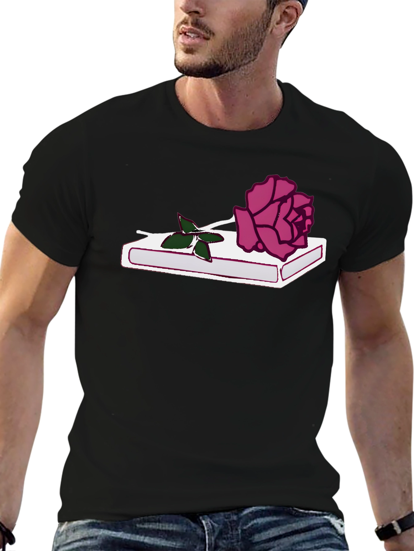 Rose on Book Graphic Tee - Stylish Black T-Shirt